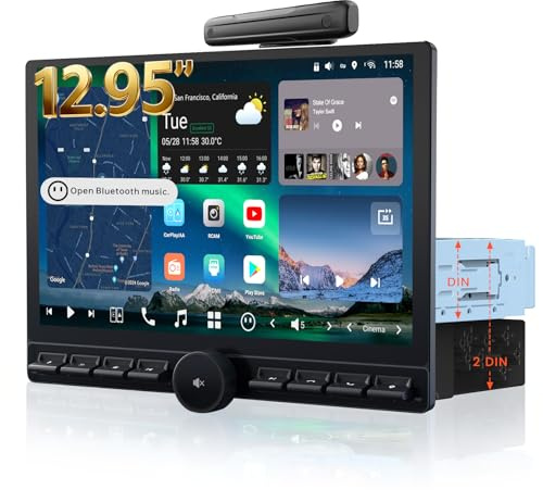 [12.95 QLED] ATOTOEXCEL Radio Android AI para 1 DIN y 2 DIN, 8G+128G, Pantalla Flexview con Perilla & Botones, Sonido 7.1.2 CH, 4G LTE, 36B-EQ, CarPlay y Android Auto inalámbricos, HDMI IN, X10G129PE