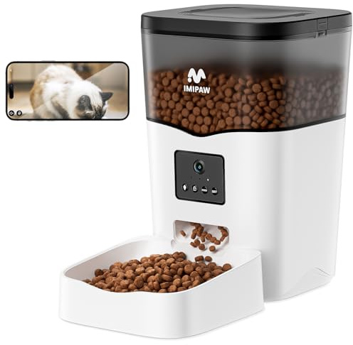 IMIPAW Comedero Gato Automatico con Cámara, 1080P HD, 5G | 2.4G WiFi, App Control Dispensador Automático Inteligente para Gatos y Perros, Audio Bidireccional (Blanco)