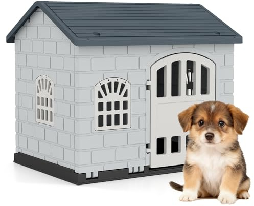 GYMAX Kunststoff Hundehütte, große Hundehaus mit 3 Fenstern, schrägem Dach & abschließbare Tür, Hundehütte für kleine bis mittelgroße Hunde, 75 x 58 x 65 cm (Dunkelgrau + Blau)