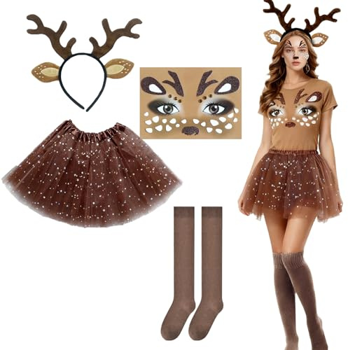 ZXTGBQ 4 Pièces Déguisement Renne Femme, Deguisement Noel, Serre Tete Noel, Jupe en Tulle, Deguisement Noel Femme Costume Animaux Adulte pour Halloween Noël Carnaval Cosplay Thème Fête