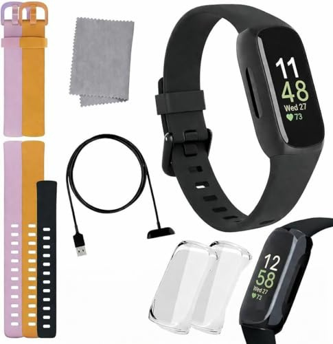 Fitbit Inspire - Set di 3 tracker per fitness e salute, con gestione dello stress, intensità dell'allenamento, monitoraggio del sonno, cuore 24/7 + 2 fasce in silicone, 2 pellicole protettive, panno