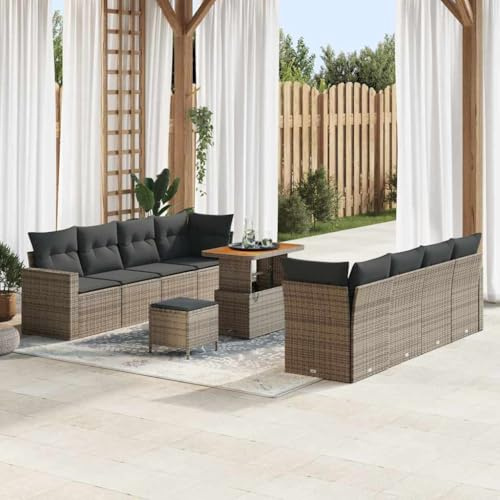 QUAHEAS Gartensofa-Set 11-teilig Grau, Poly-Rattan & Akazienholz, UV-beständig, Modular für Terrasse & Garten, Langlebige Outdoor-Sitzgruppe für 10 Personen