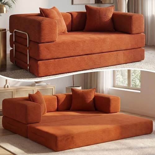 Vipbear Cordstoff Schlafsofa 200×100×70cm, 5-in-1 Umwandelbares Bodensofa aus Kord, Hochdichter Schaumstoff, Haustierfreundlich & Ergonomisch, Keine Montage, Orange