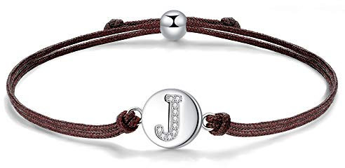 J.Endéar Kordelarmband mit Buchstabe J für Damen Silber 925, Zirkonia Armband Mädchen, Verstellbares Armband Jungen Schmuck