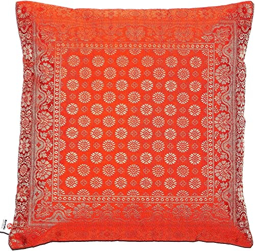 Ruwado Indische Banarasi Seide Kissenbezug, Zierkissenbezug, Sofakissenbezug, Dekokissen, Zierkissen - 40x40 cm | 16x16 Zoll ***Handgewebt und Handgefertigt aus Kaschmir-Indien*** (Orange)