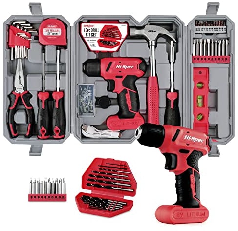 Hi-Spec 57pc Red 8V Electric Drill Set & Household Kit – DIY Hand Tools, Cordless Power Screwdriver, Essential Set with Drill Bits for Home Repairs, Maintenance & Projects