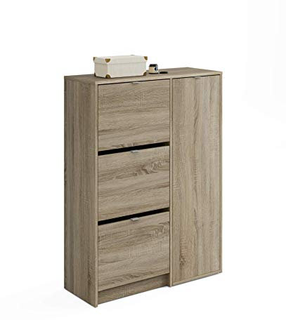MUEBLES PITARCH | Zapatero Botero Mueble Auxiliar de Entrada, 25 Pares de Zapatos, con 3 Puertas y 2 estantes Regulables, Roble Cambrian, 122x85x37cm, Modelo Trevi
