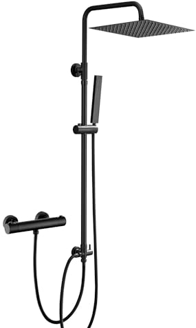 Görbach Edelstahl Duschsystem mit Thermostatarmatur, Regendusche Duschset mit Mischbatterie Duscharmatur, Duschstange, Kopfbrause 30 * 30cm, Schwarz