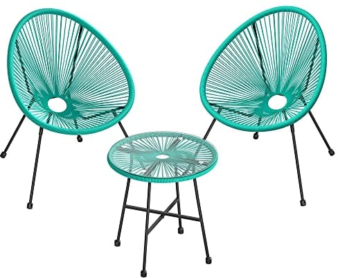 SONGMICS Balkonmöbel, Gartenmöbel-Set, 3er Set, Sitzgruppe, Terrassenmöbel, Tischoberfläche aus Glas, 2 Stühle, Innen- und Außenbereich, für Terrasse, Garten, Balkon, im Freien, türkisblau GGF013C02