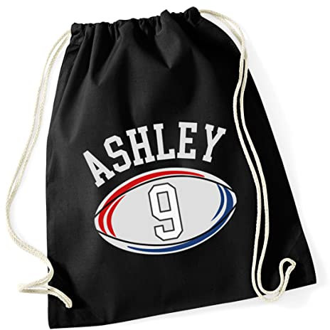 Hippowarehouse Personalised UK Rugby Ball Name with Number Drawstring Cotton School Gym Bag 37cm x 46cm, 12 litres
