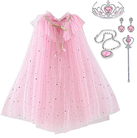 skyllc Prinzessin Umhang Kinder,Tüll Umhang Glitzer für Mädchen,Pailletten Cape Prinzessin mit Krone Halskette Ohrringe Zauberstab,Party Kostüm Karneval Cosplay für Mädchen Halloween Kostüm(Rosa)