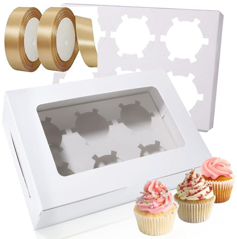 MIVIDE 50PCS 6 Holes White Cupcake Boxes, Cupcake Boxes 6 Hole with Window and Inserts with Champagne Gold Ribbons, Cup Cakes Box Holders, Cake Boxes for Cupcakes