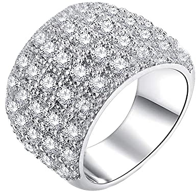 PAMTIER Anello di Fidanzamento a Fascia Larga per Donna con Gemma di Zircone 5 File Diamante Misura 22