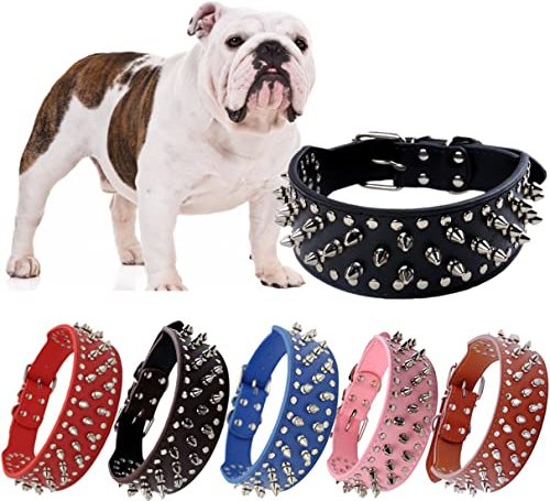 Hundehalsband mit Nieten, PU-Leder, langlebig, verstellbar, für mittelgroße und große Haustiere, Pitbull, Bully, Rottweiler, Schwarz, Größe M