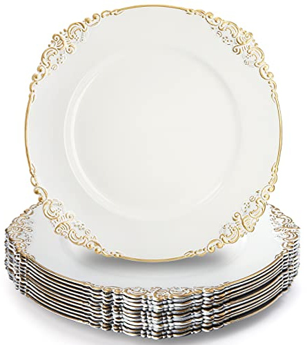 Okllen - 12 Pack Round Plastic Plates, 13 Dinner Charger with Gold Rim, Classic Charger Serving Plates for Catering Wedding Table Decor, White, Trim
