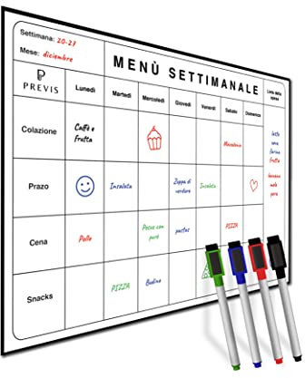 Previs Menu Settimanale Magnetico A4 - Lavagna da Cucina Magnetica Frigorifero - Calendario Settimanale Frigorifero - Perfetta per Tenersi in forma e Scrivere la Lista della Spesa