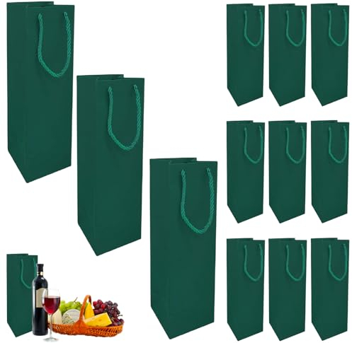 POPOYU 8 Piezas Bolsas de Regalo para Vino,Verde Bolsa de Vino de Papel Kraft con Asa para Navidad,Bodas,Cumpleaños, Fiestas de Vacaciones