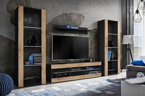 Komodee Wohnwand Wohnzimmerset Tivoli Grande, Wotan/Schwarz, Breite 250cm x Höhe 159cm x Tiefe 35cm, ohne LED, für Wohnzimmer, Schlafzimmer