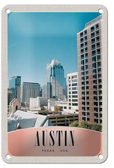 Femer Blechschild Reise 12x18cm Austin Texas Amerika Hochhaus Gebäude Schild