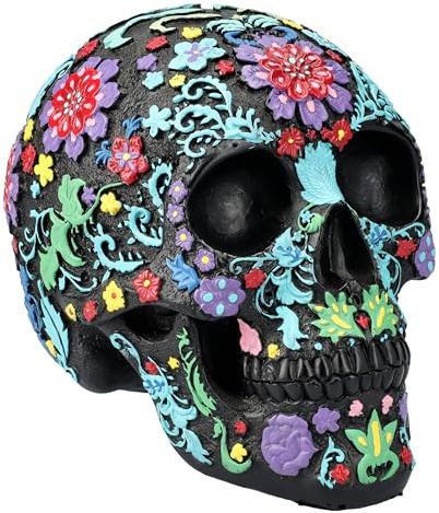 Figuren Shop GmbH Schwarzer Totenkopf mit Buntem Blumenmuster - 16cm, Sugar Skull - Tag der Toten - Totenschädel Figur Dekoration