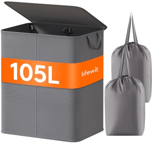Lifewit 105L Wäschekorb mit 2 Fächern, Faltbarer großer Wäschekorb mit Deckel und 2 herausnehmbaren Wäschesäcken für Kleidung, Wäsche, Bad, Grau