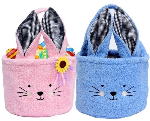 Tierisch süßer Osterkorb - Osterhase Plüschkorb zum Befüllen und Verschenken als frühlingshafte Osterdeko und Geschenkidee für ein blumiges Osternest. (Rosa & Blau)