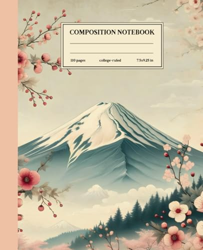 Composition Notebook College Ruled: Fuji in Bloom: Traditional Japanese Style Mount Fuji with Cherry Blossoms