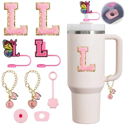 XIANGYUAN 9pcs Cup Accessories Set,Straw Cover Cap for Stanley 30oz,40oz,Sticker for Stanley Decorations,Initial Letter Charm Personalized(Letter L)