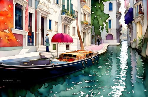 RZHRHJES Wandbild Aquarell Gemälde Straße Boote im Wasser 58 x 90 cm ohne Rahmen Leinwand Gemälde