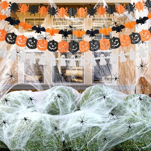 Halloween Deko Spinnennetz,200g Halloween Spinnennetz Dekoration, mit 60 Spinnens und 4St Halloween Girlande Banner Deko, Spinnennetz Deko, für Outdoor Garten Innen Horror Party Hängende Gruselig Deko