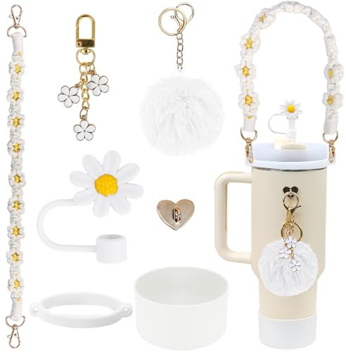 LACGO Stanley Cup Accessories Set of 7PCS Including Silicone Boot, Boho Woven Handle Strap, Straw Cover Cap, Stanley Charms for Stanley Cup 30/40oz Tumbler(White)
