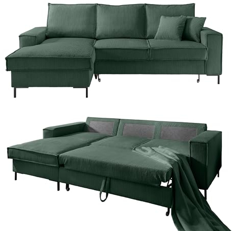 Modernes Cord Ecksofa 240x150 cm mit Schlaffunktion und Bettkasten, Wellenunterfederung, L-Couch mit Recamiere links, Liegefläche 125x198 cm, Cord-Bezug in Grün / 17224