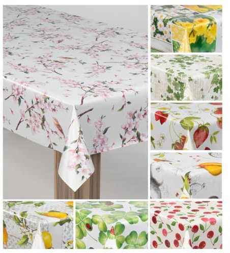 laro Wachstuch-Tischdecke Wachstischdecke Gartentischdecke, Muster:Kirschblüten Rosa Weiß, Größe:140x300