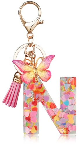 OSDUE Porte-clés avec Initiales pour Filles et Femmes, Porte-clés Lettre N en Résine, avec pendentif papillon et pampille, pour Femmes Filles Portefeuilles Sac à Main Charme