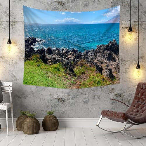 KnSam Wandteppiche Blau Braun Grün, Landschaft Natur Wandteppich Meer Riff Wandtuch XXL Polyester Tuch für Wohnzimmer Wohnheim Wanddeko, 350x256cm