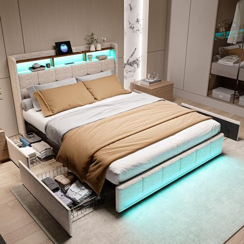 BHFFTHK Polsterbett 140x200 mit LED, Doppelbett mit Stauraum 4 Schubladen und Lattenrost, Kopfteil mit USB Ladefunktion, Stauraumbetten Funktionsbetten Bettgestell, Leinen, Beige, Ohne Matratze