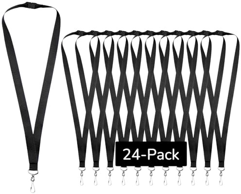 WEZEBEL Lot de 24 Noir Tours de Cou Porte-Badge avec Fermoir de Sécurité, Lanières en Polyester, Badge ou Carte d’Identité, Bureau et École