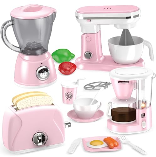 Shemira Play Kitchen Accessories, Play Kitchen Appliances Toy Set with Coffee Maker, Blender, Mixer, Toaster, Kids Kitchen Playset, Toys for 3 4 5 6 7 8 Year Old Girls, Birthday Gifts for Girls, Pink