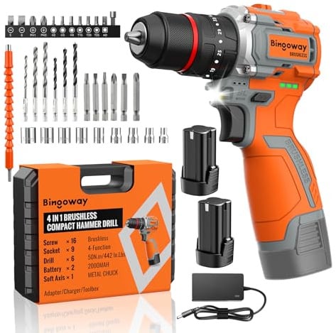 Bingoway Brushless Cordless Drill Set, 16.8V 4-in-1 Electric Drill Driver with Impact Function, 50 N.m Power Drill Kit with 36 Accessories, 2 Batteries, Metal Chuck, 35 Torque Settings & Toolbox