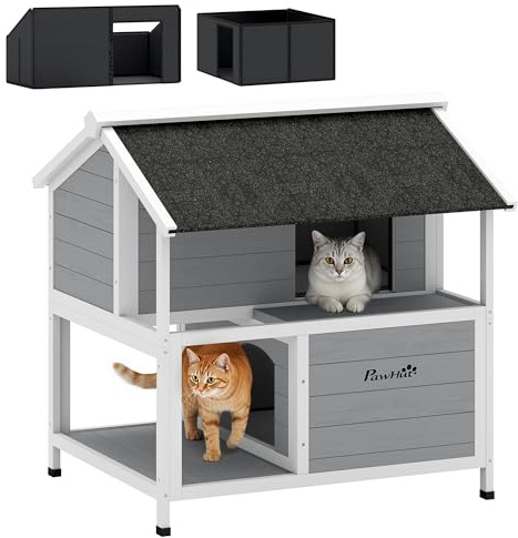 PawHut Katzenhaus aus Holz Winterfeste Isolierte Katzenhöhle mit zu öffnendem Dach, herausnehmbarem Kissen, wetterfest Katzenhütte Katzenkiste Katzenbox für Kaninchen für Draußen 80 x 93 x 95 cm Grau