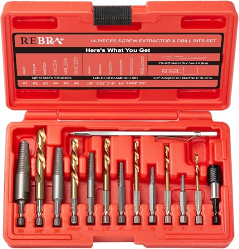 Screw Extractor and Left-Hand Drill Bit Set, Easy Out Broken Bolt Remover Reverse Cobalt HSS Steel Drill Kit, Ez Out Stripped, Rounded-Off, Damaged Bolts, Screws&Studs Removal Tool (14-Pieces)