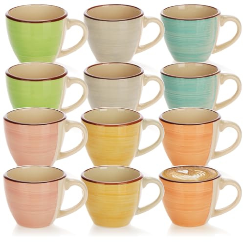 com-four® 12x Espressotassen aus Keramik bis 125 ml - bunte Mokkatassen - handgefertigte kleine Kaffeetassen für Espresso, Mokka und Ristretto (12 Stück - grün/orange/rosa/blau/gelb/grau)
