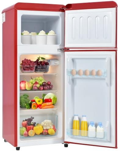 Mielvu Frigorifero retrò. Combinazione frigorifero-congelatore, altezza 105,5 cm, larghezza 41 cm, capacità totale 92 litri, temperatura -27 °C ~ 13 °C, illuminazione a LED. (Rosso)