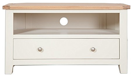 Hobart Ivory Rustic Oak Top Corner TV Stand/Solid Oak Top TV Cabinet with 1 Drawer/Living Room Furniture