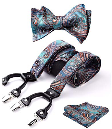 HISDERN Hosenträger für Herren Extra Stark Hosenträger und Fliege Einstecktuch Set Paisley Florale Breit Hochzeit Längenverstellbar Y Style Mit 6 Clips Braces