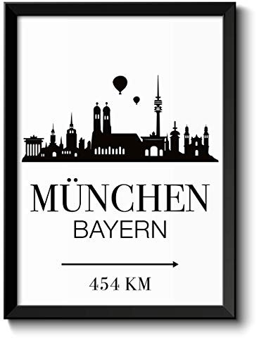 OWLBOOK München Bayern Skyline mit individueller Entfernungsangabe personalisiertes Bild optional mit Holz-Rahmen Geschenk Geschenkidee