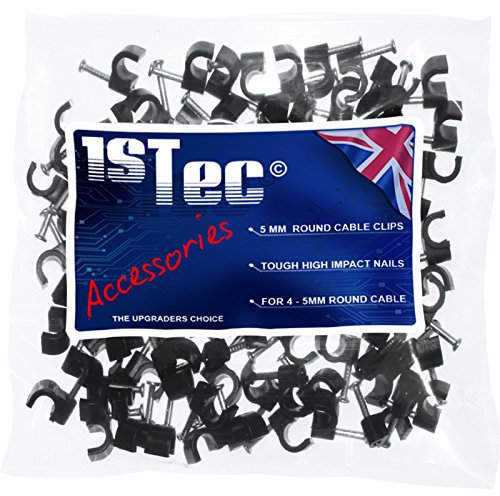 1STec 500 x 5mm Black Cable Clips Suitable for Indoor Outdoor Masonry or Wood and used to Pin CAT5 CAT5e CAT6 CAT7 Network Ethernet Leads and BT CW1411 + CW1412 Dropwire + Down Wire (500, 5mm Black)