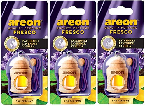 Areon Fresco Auto Duft Patchouli Lavendel Vanille Violett Glas Duftflakon Flakon Holz Hängend Anhänger Spiegel 4ml (Pack x 3)