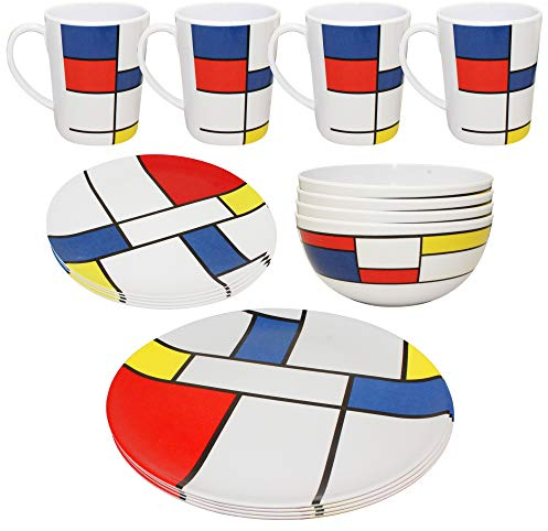 BRAMBLE 16 Pcs Vaisselle de Camping en Mélamine - 8 Assiettes, 4 Bols, 4 Mugs - Mobil-Homes, Camping, Pique-Nique, Extérieur, Caravanes