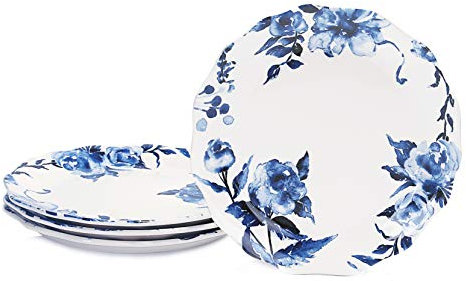 Bico Piatti da cucina smerlati a forma di fiore blu, in ceramica, 28 cm, set di 4, per pasta, insalata, mail, forno a microonde e lavastoviglie